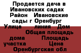Продается дача в Ивановских садах › Район ­ Ивановские сады г.Оренбург › Улица ­ 10 линия › Дом ­ 107-109 › Общая площадь дома ­ 60 › Площадь участка ­ 1 000 › Цена ­ 360 - Оренбургская обл., Оренбург г. Недвижимость » Дома, коттеджи, дачи продажа   